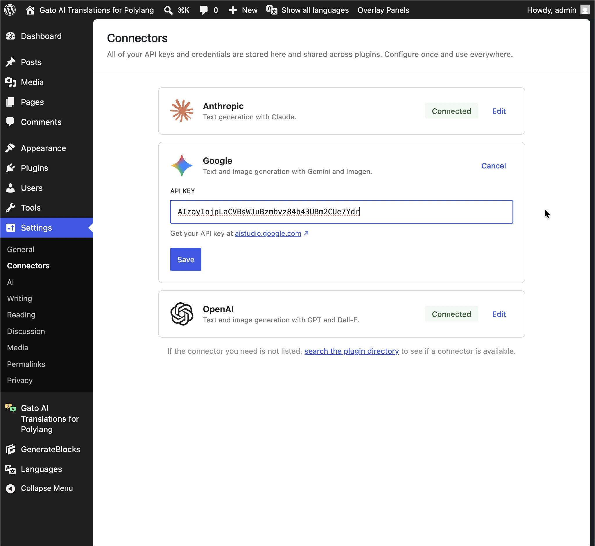 Anthropic, Google, OpenAI의 API 키는 WordPress AI Connectors에서 가져옵니다