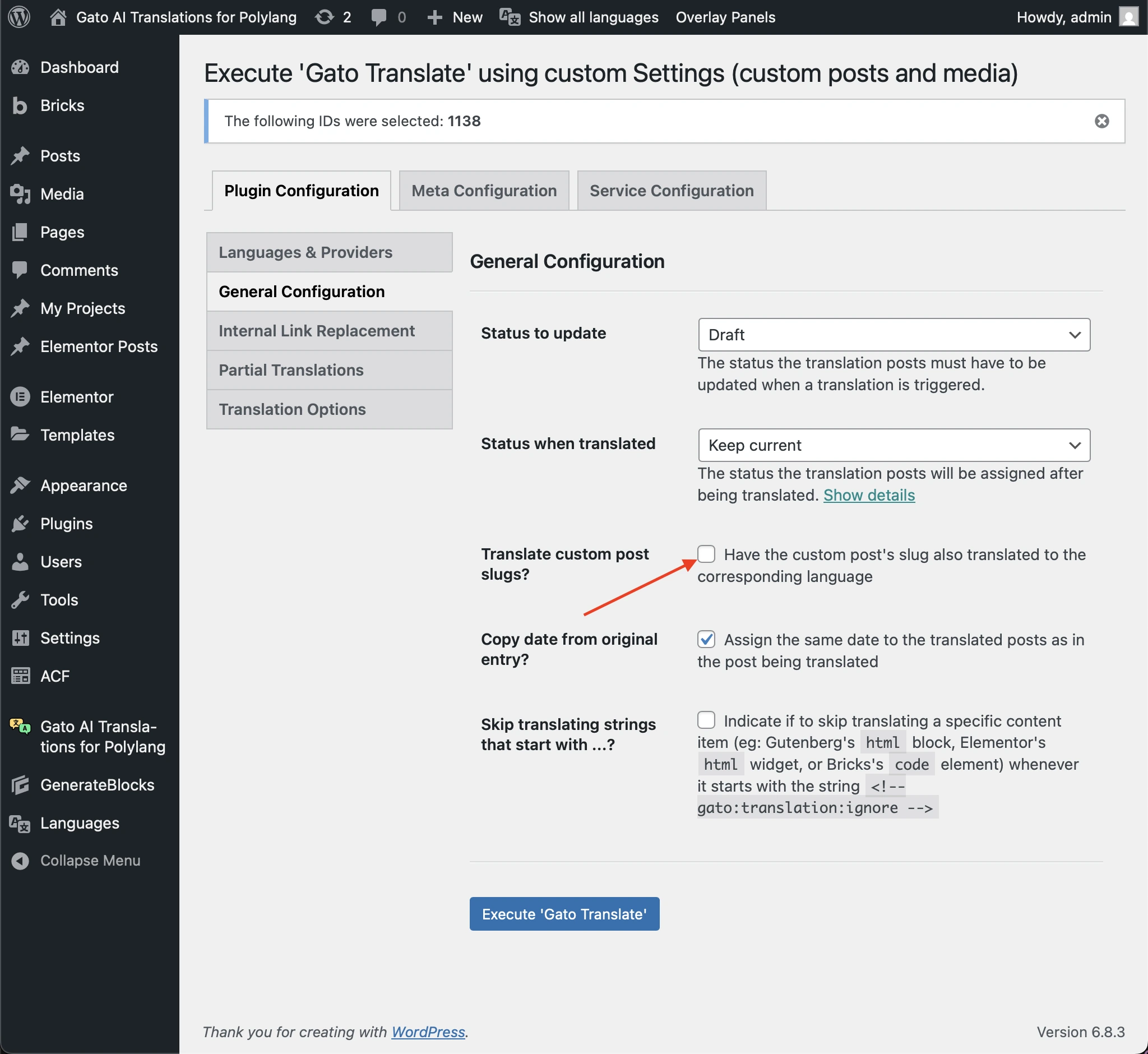 「Translate custom post slugs?」옵션의 체크를 해제하는 화면