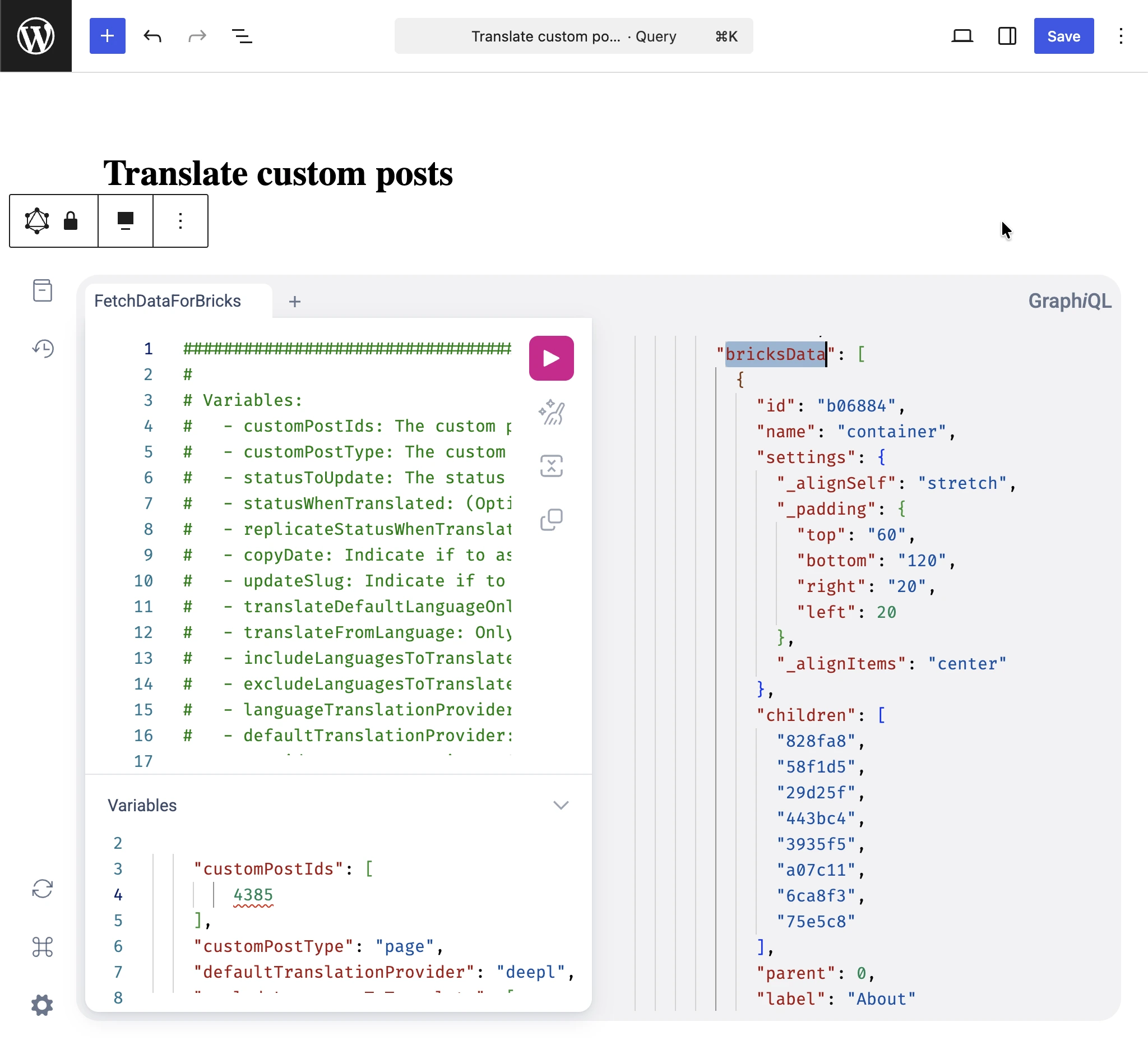 Translate custom posts GraphQL 응답에서 bricksData 확인하기