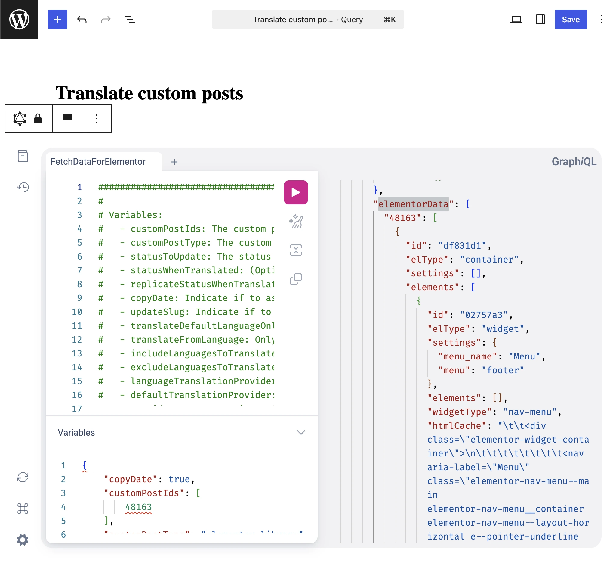 Translate custom posts GraphQL 응답에서 elementorData 확인하기