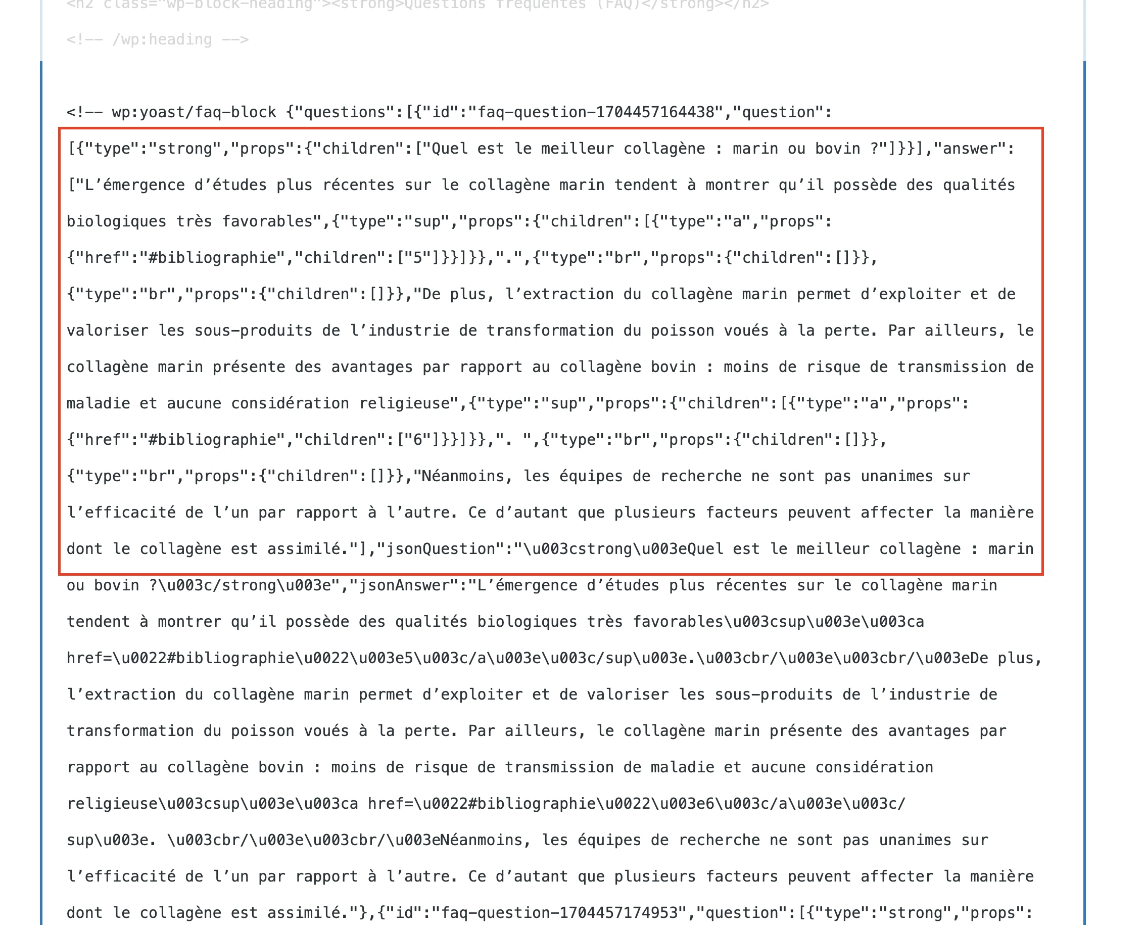 HTML 태그가 포함된 Yoast FAQ 블록의 코드