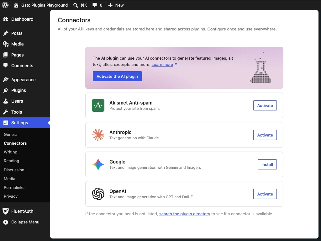 WordPress AI 커넥터 관리 화면